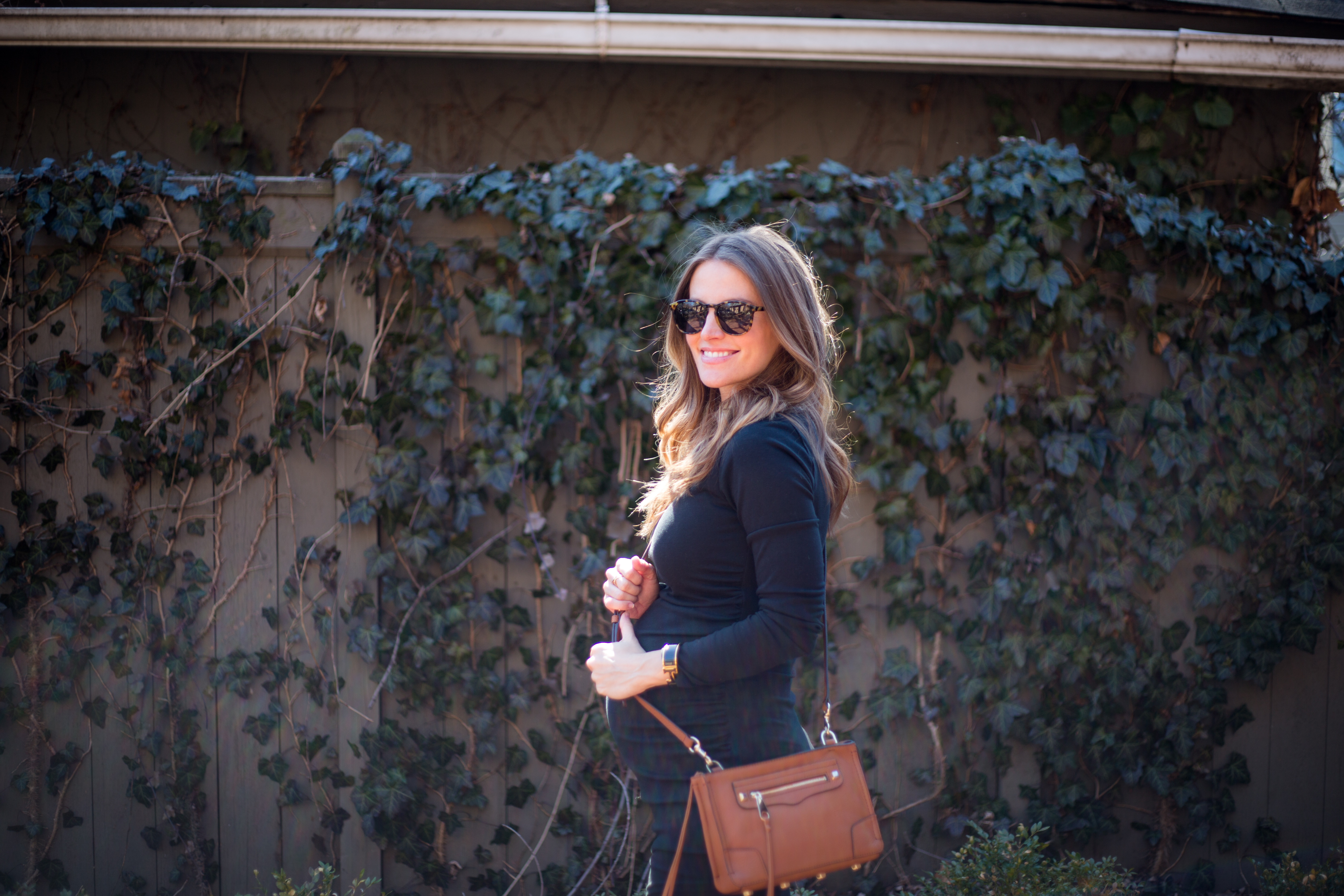 rebecca minkoff cross body bag tan pregnant blogger