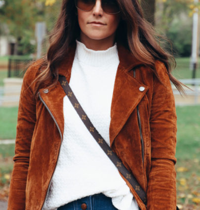 brown suede moto jacket outfit