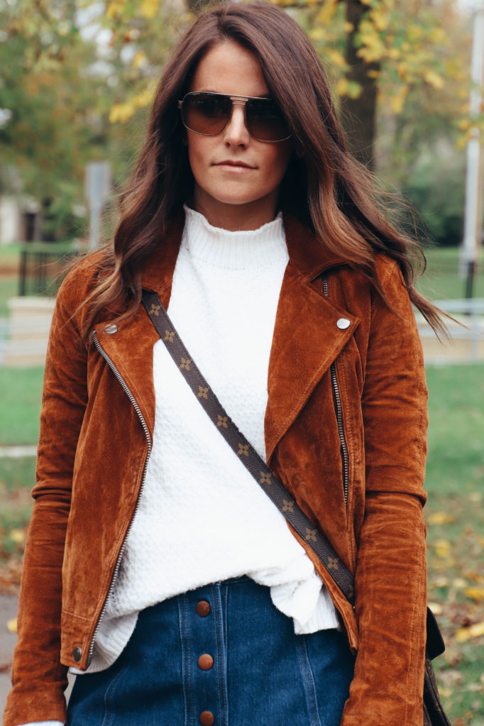 brown suede moto jacket outfit